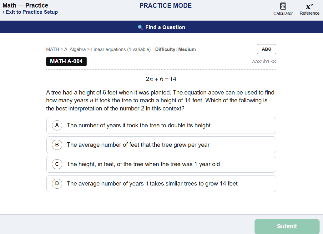 A question inside the SAT Engine, showing the practice screen with its calculator and reference tools, the answer eliminator, the question's topic and difficulty, and four answer choices.