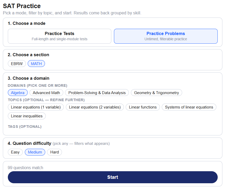 The SAT Engine practice setup screen, showing a choice of mode, section, domain, individual topics and question difficulty, with a live count of how many questions match.
